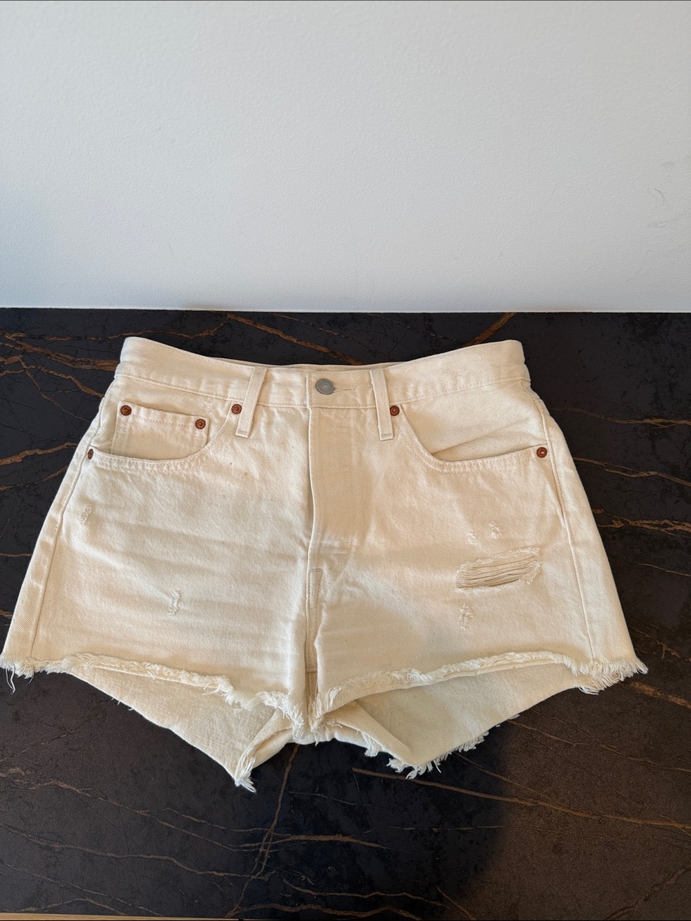 High-Rise Cream Distressed Denim Shorts